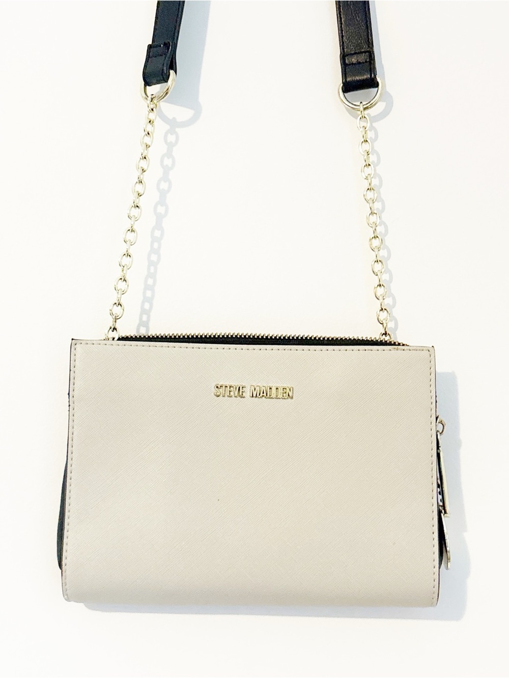 Steve Madden Cream Crossbody with Gold Chain and Black Strap Accent